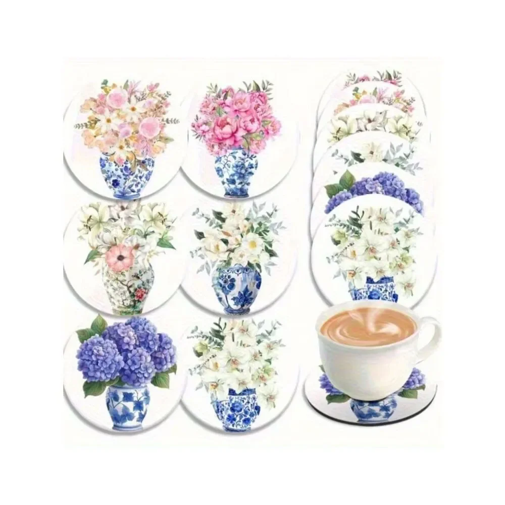 NWT 6pc Chinoiserie Blue White Floral Acrylic Coasters Non-Slip Cork Base